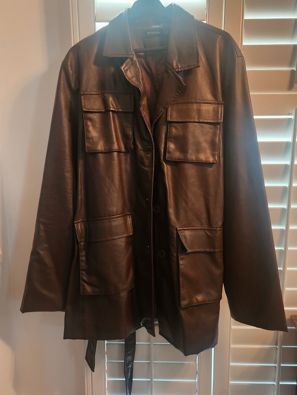 Brown Faux Leather Button-Front Jacket with Patch Pockets